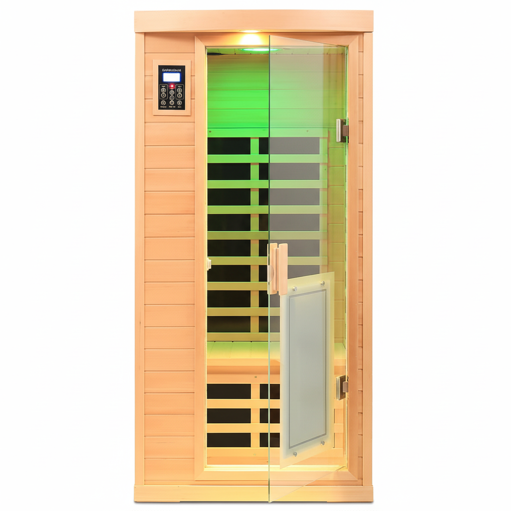 Far Infrared Sauna 1 Person Infrared Home Sauna Room 0-5Mg Utra Low EMF Home Sauna Spa 1460W Canadian Hemlock Wooden Indoor Dry Sauna with Door Heating Plate, 2 Control Panels